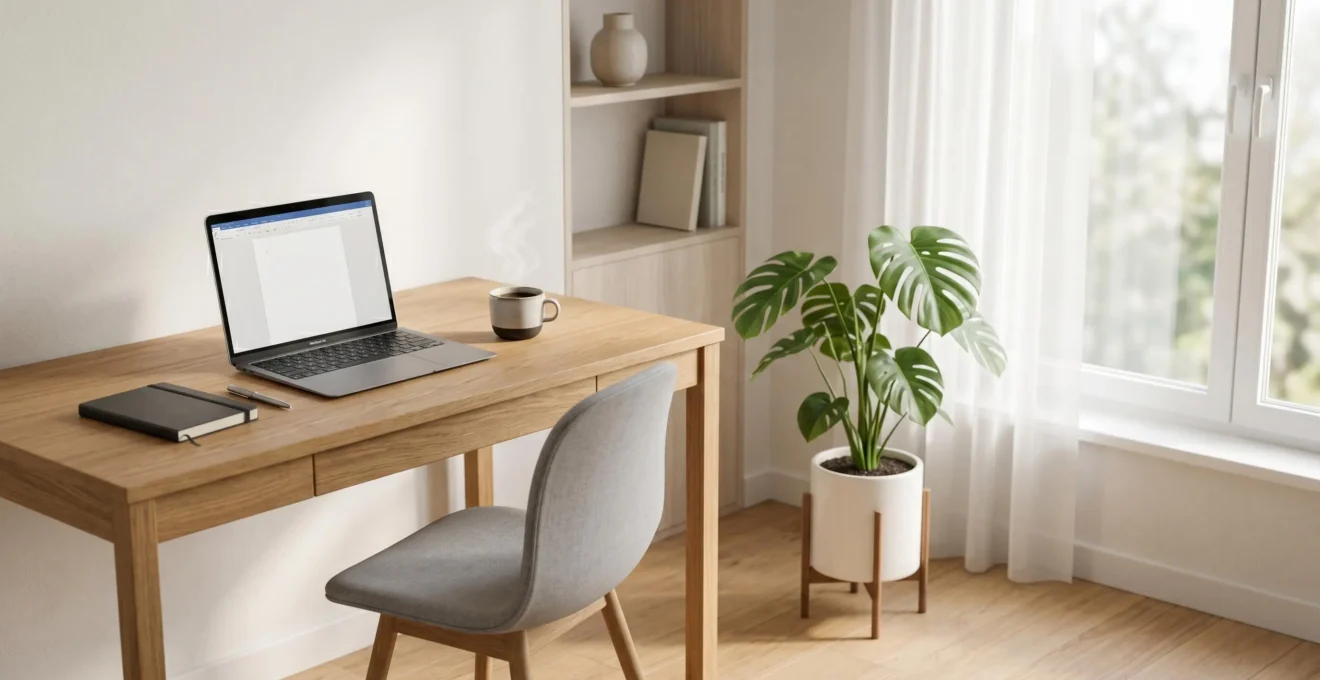 Bureau à domicile lumineux et épuré avec ordinateur portable, plante verte et grande fenêtre, ambiance sereine et productive