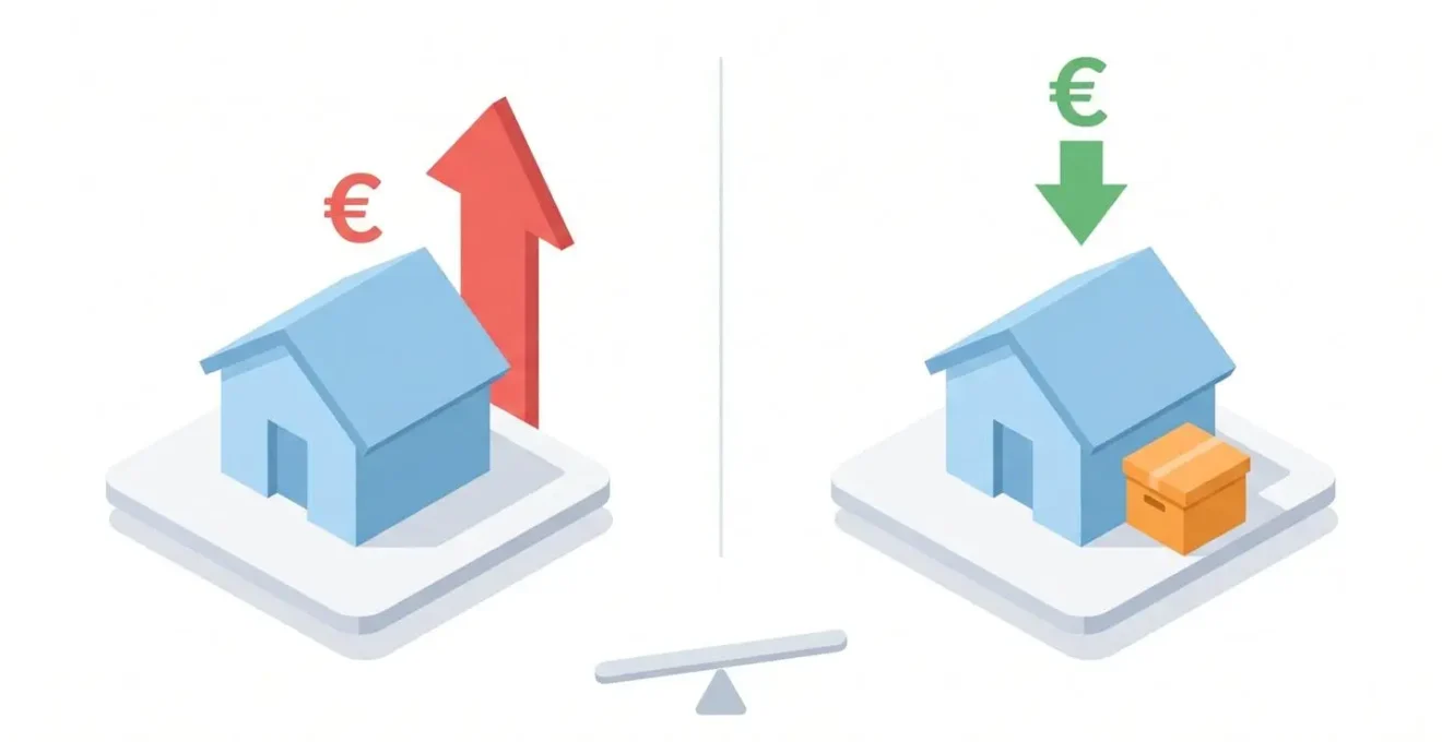 Illustration comparative isométrique montrant une maison avec loyer élevé à gauche et une maison avec box de stockage économique à droite.