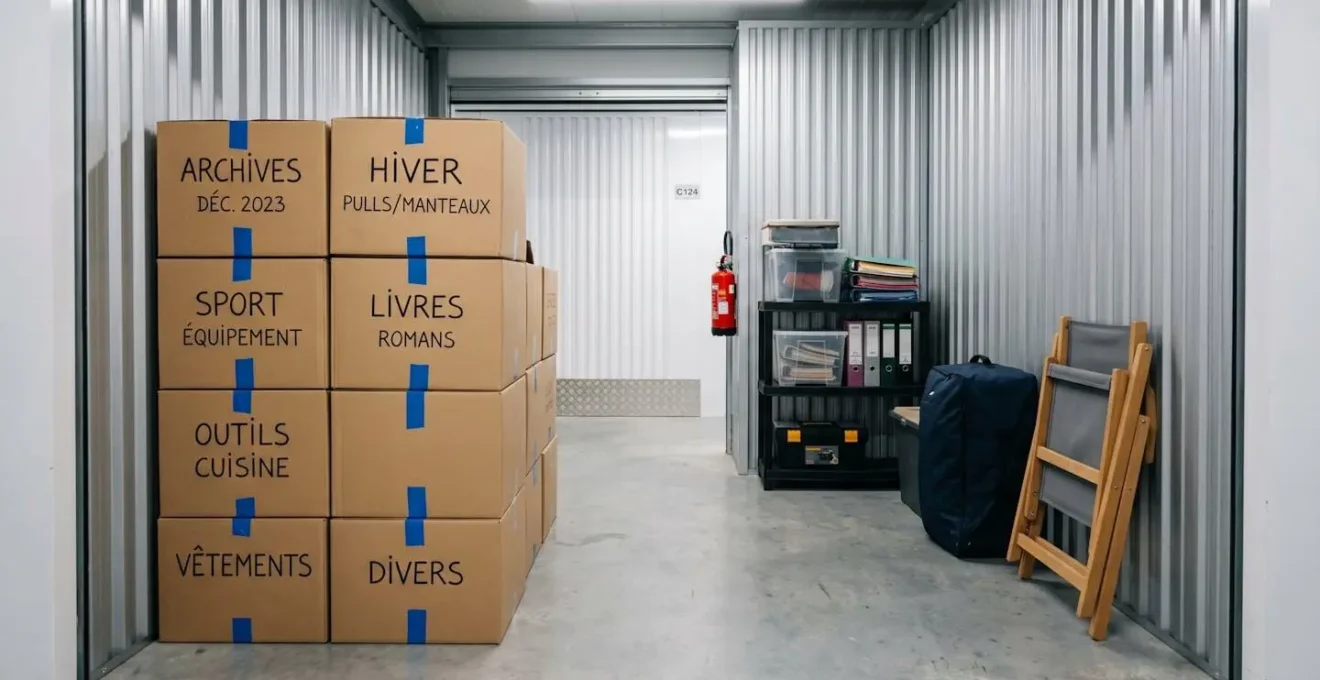 Intérieur organisé d'un box de self-stockage avec cartons étiquetés et mobilier bien rangé, allée centrale dégagée