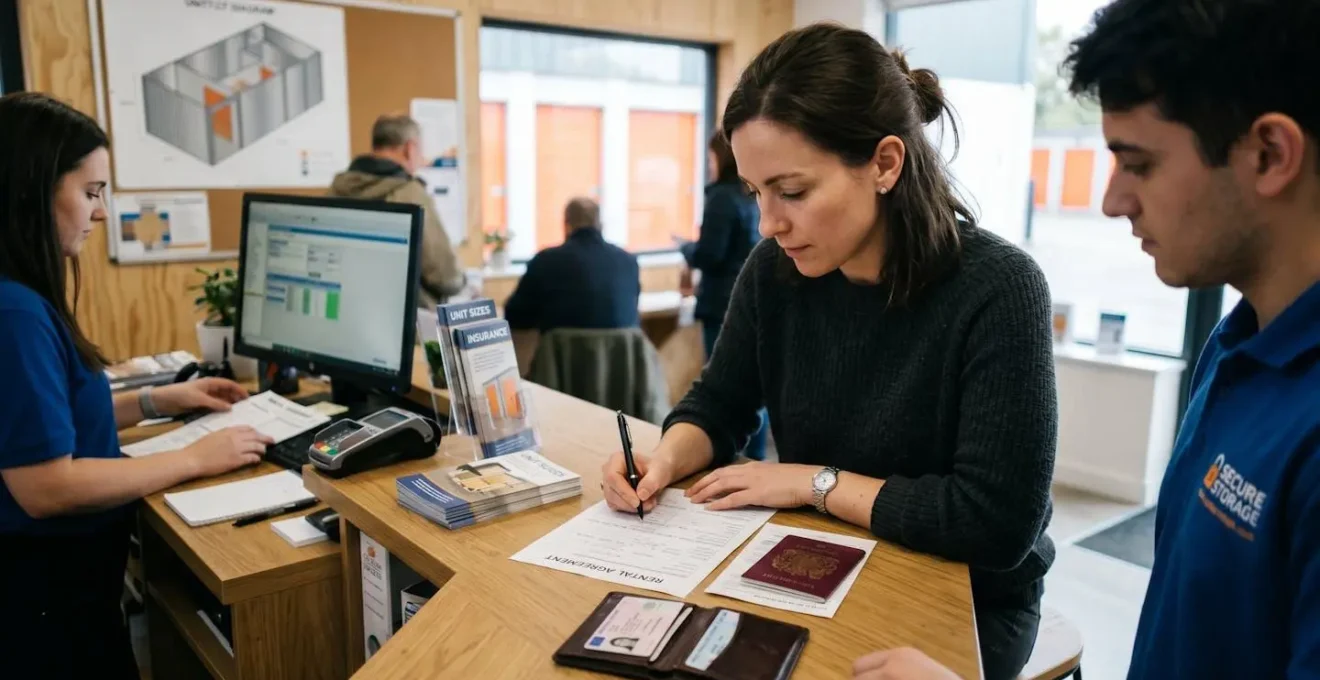 Particulier qui complète un formulaire de location dans une agence de self-stockage, documents d'identité posés sur le comptoir