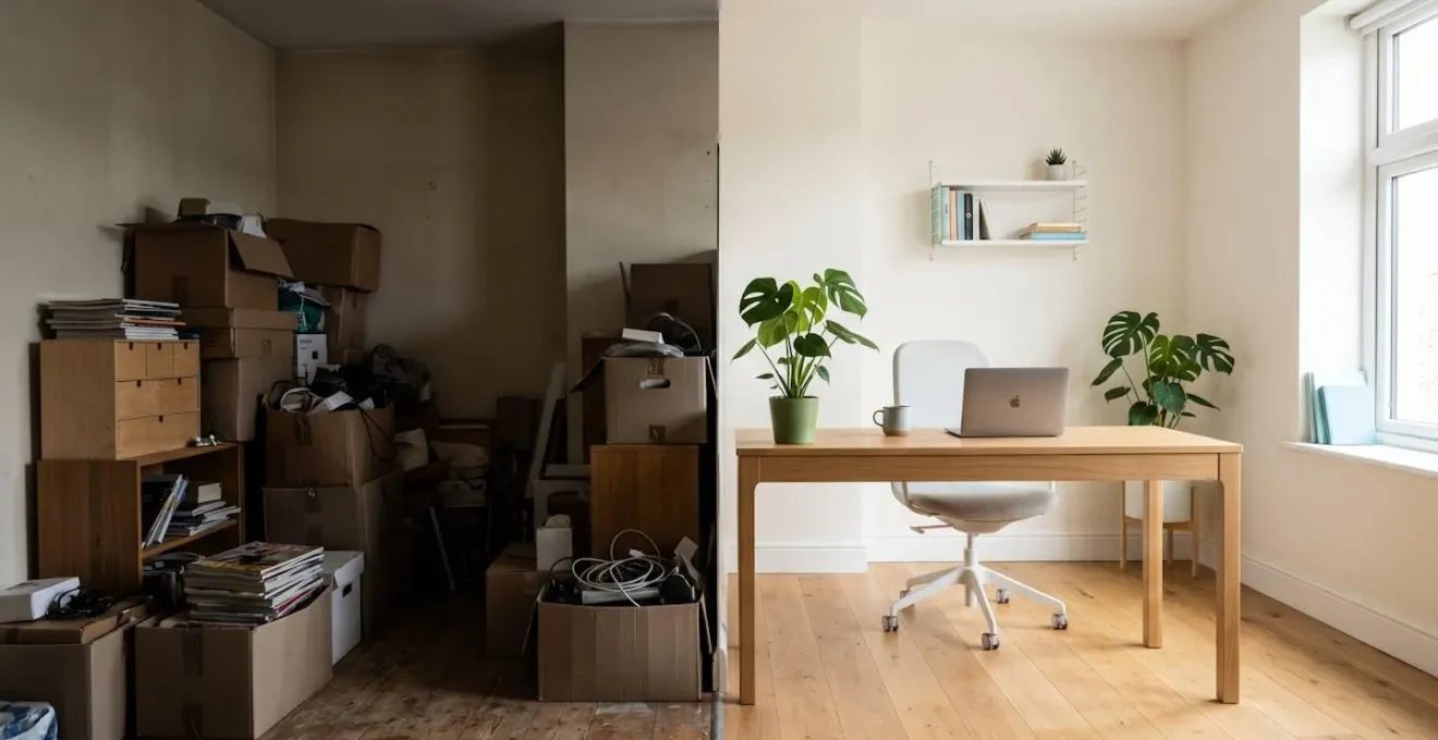 Pièce divisée en deux : à gauche un espace encombré de cartons et meubles, à droite la même pièce transformée en bureau lumineux et épuré.