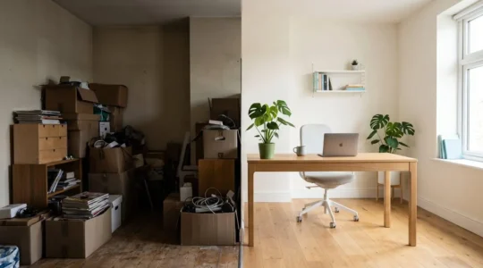 Pièce divisée en deux : à gauche un espace encombré de cartons et meubles, à droite la même pièce transformée en bureau lumineux et épuré.