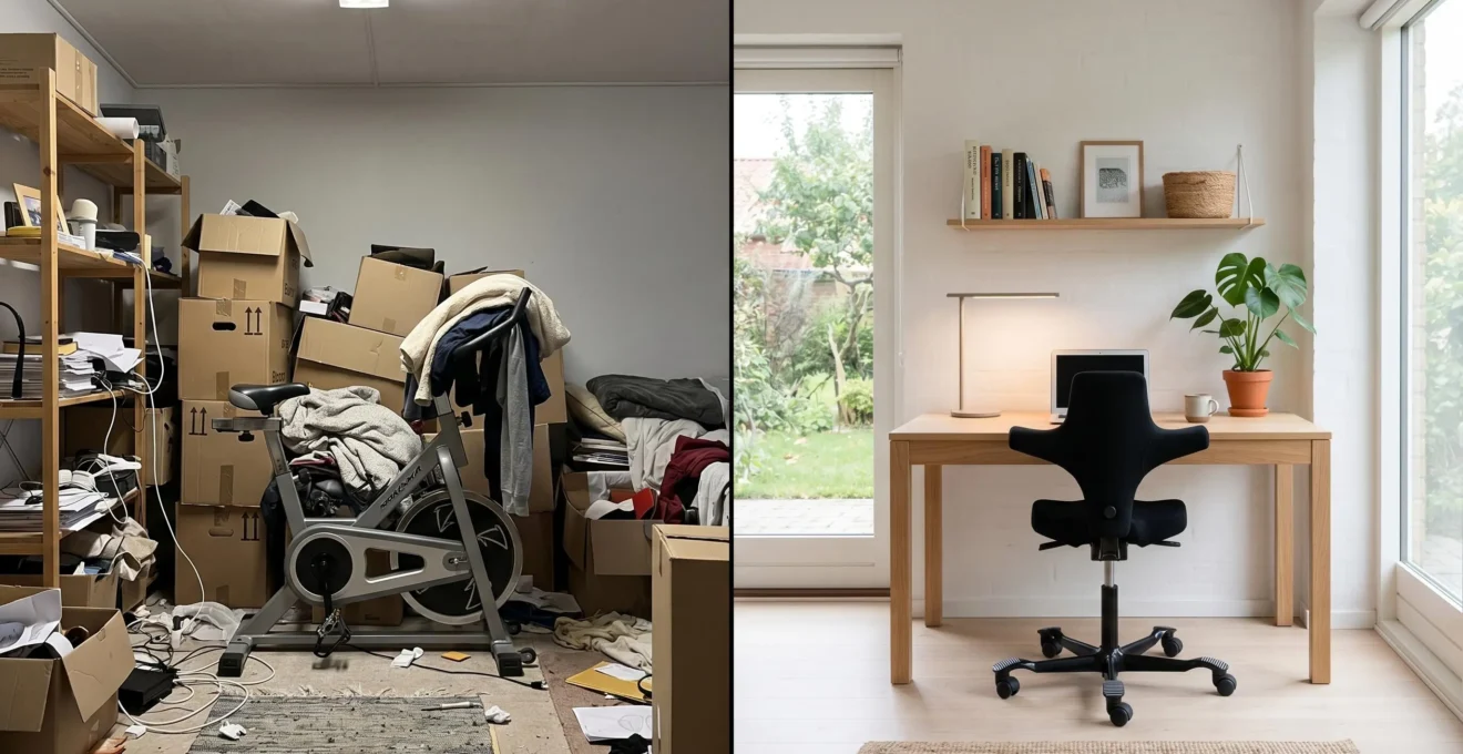 Comparaison avant-après d'un salon encombré transformé en bureau lumineux et fonctionnel grâce au désencombrement