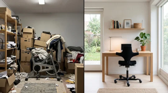 Comparaison avant-après d'un salon encombré transformé en bureau lumineux et fonctionnel grâce au désencombrement