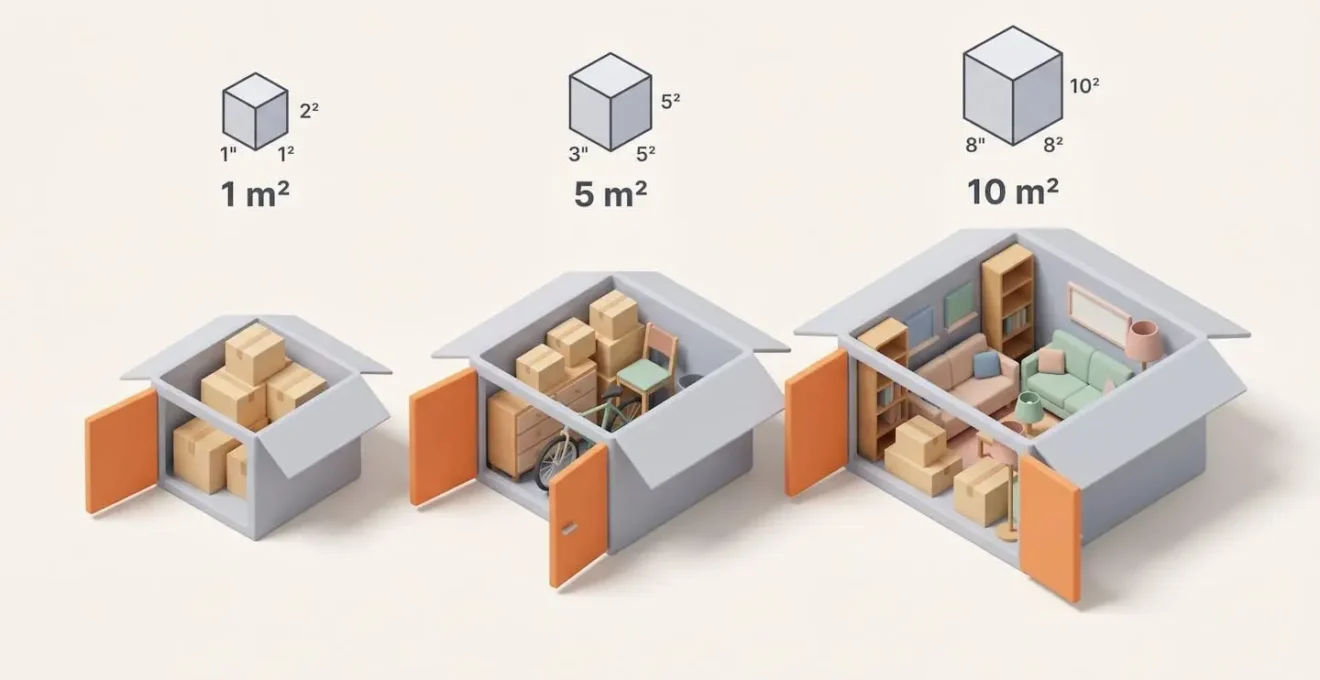 Trois box de stockage ouverts de tailles croissantes montrant les objets pouvant être stockés dans 1 m², 5 m² et 10 m².