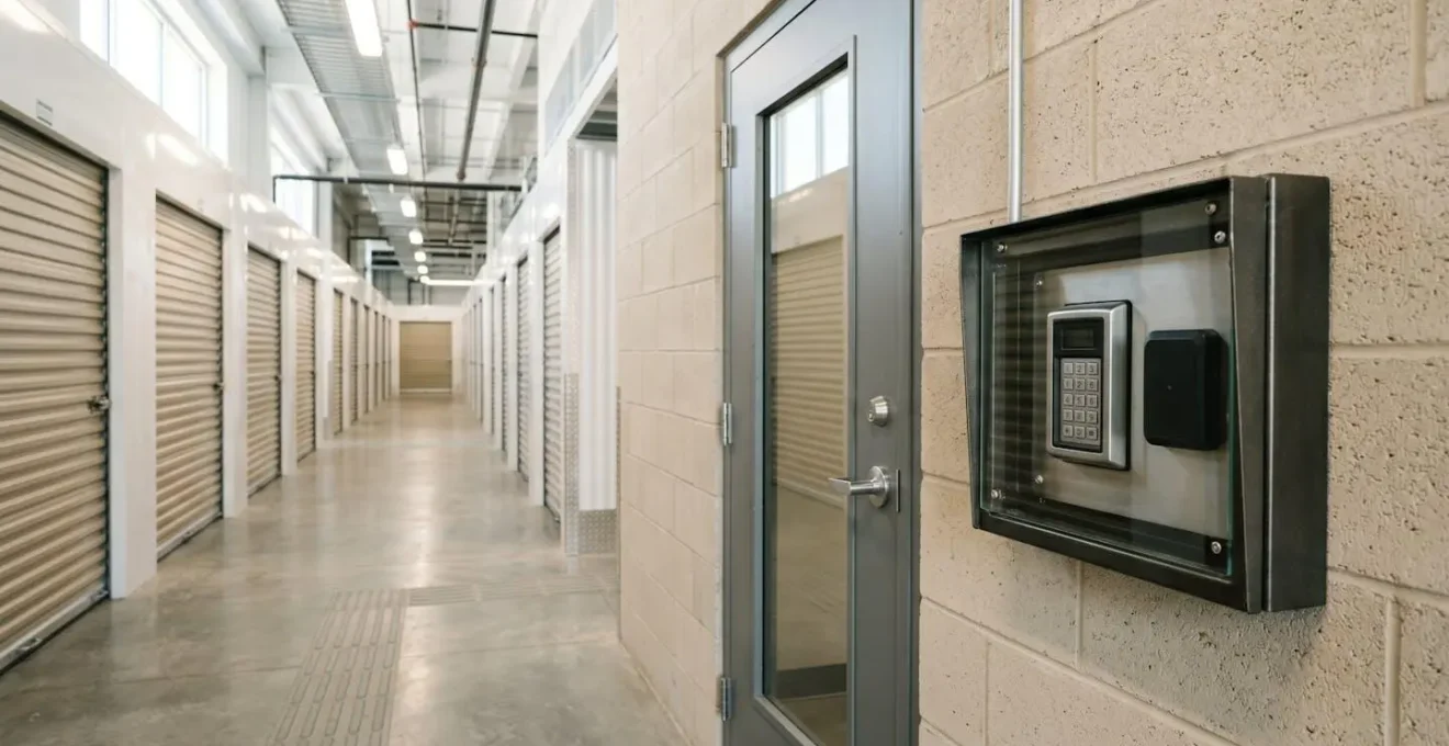 Entrée sécurisée d'un self-stockage avec terminal de contrôle d'accès par badge, couloir de boxes visible en arrière-plan