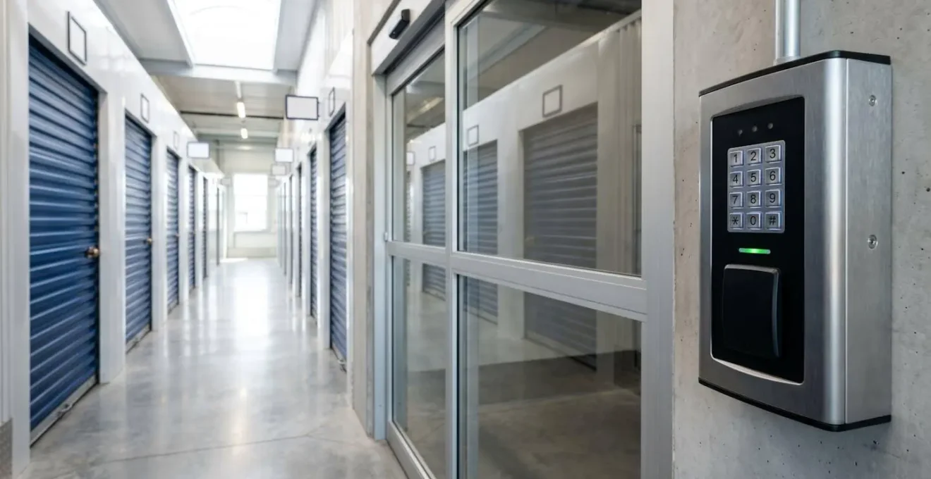 Entrée sécurisée d'un self-stockage avec terminal de contrôle d'accès par badge, couloir de boxes visible en arrière-plan